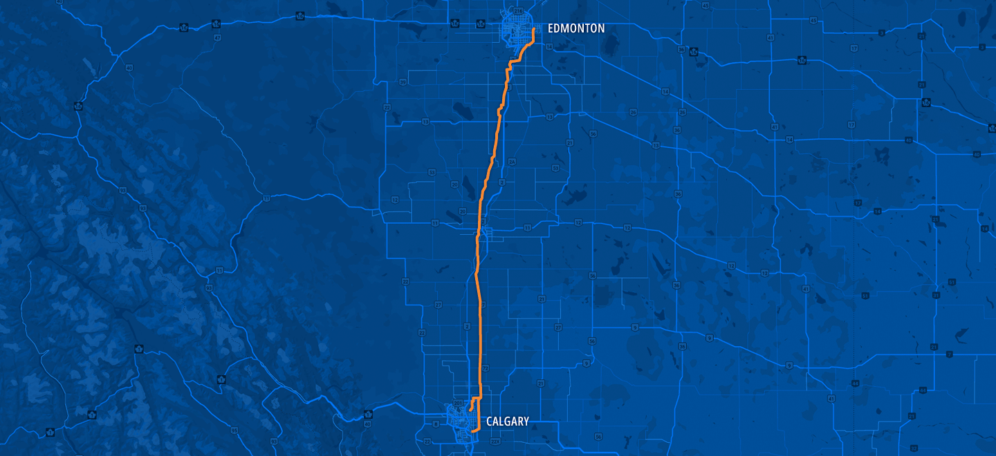 A map showing the pipeline route from the Edmonton area south into Calgary, with a segment going to the Calgary International Airport.