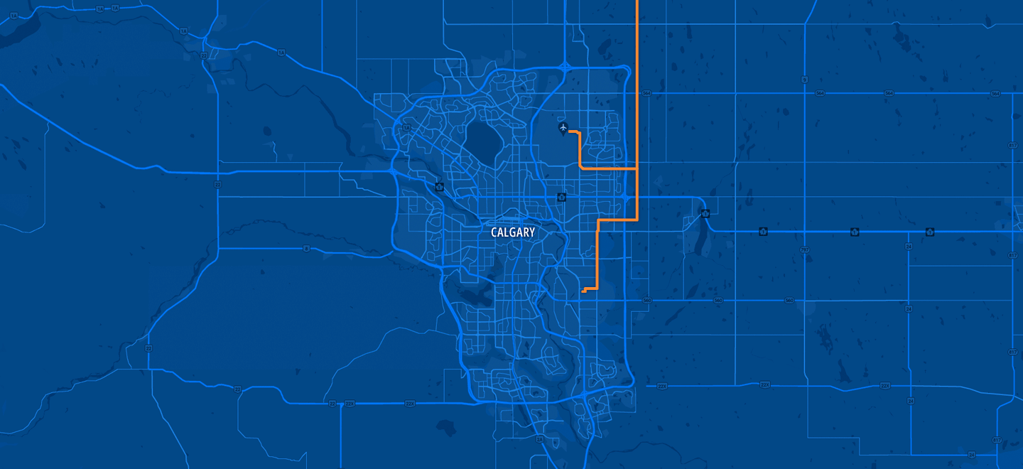 A map of the Calgary area showing the pipeline’s route east of Stoney Trail, heading west then south again near Glenmore Trail/Highway 8 to end in the city’s southeast industrial area, with a segment that branches off to the west north of the Trans-Canada towards Calgary International Airport.