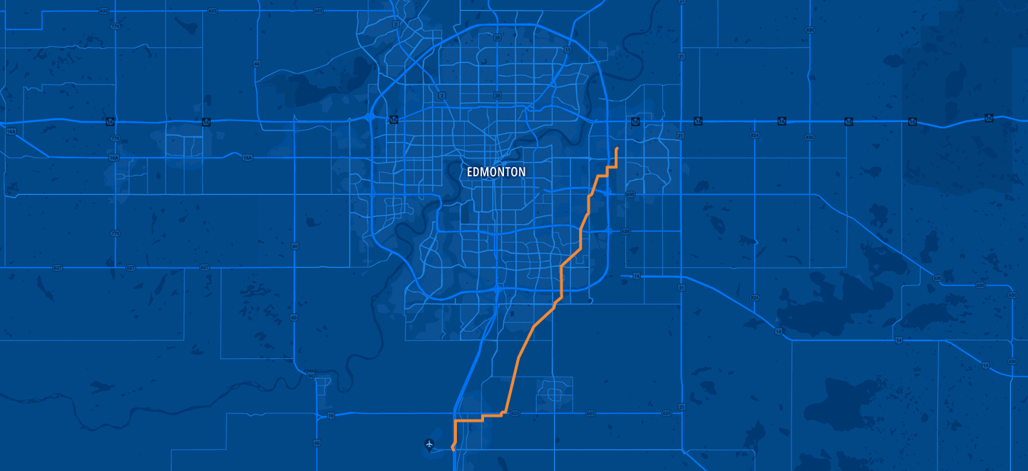 A map of the Edmonton area showing the pipeline’s route beginning in Sherwood Park just east and Anthony Hendy, moving in a southwesterly direction towards the Queen Elizabeth II highway which it joins just south of 625.