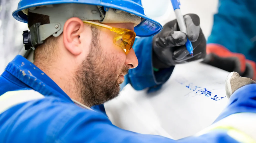 Close up of employee in hard hat and saftey glasses writing with a sharpie