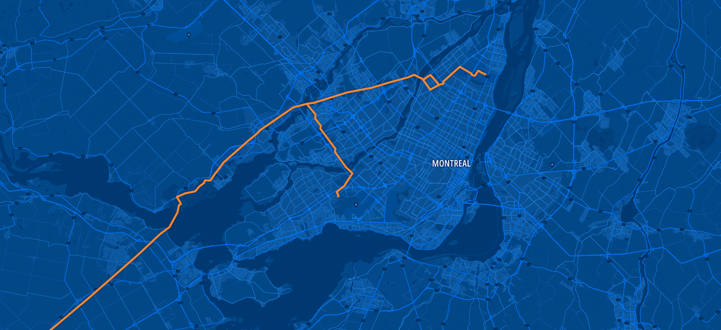 A map of the Montreal area showing the pipeline route originating in Montreal-Est and crossing the river, moving southwesterly to the Ontario border, with a lateral pipeline branching towards Pierre-Elliott-Trudeau international airport in Dorval.