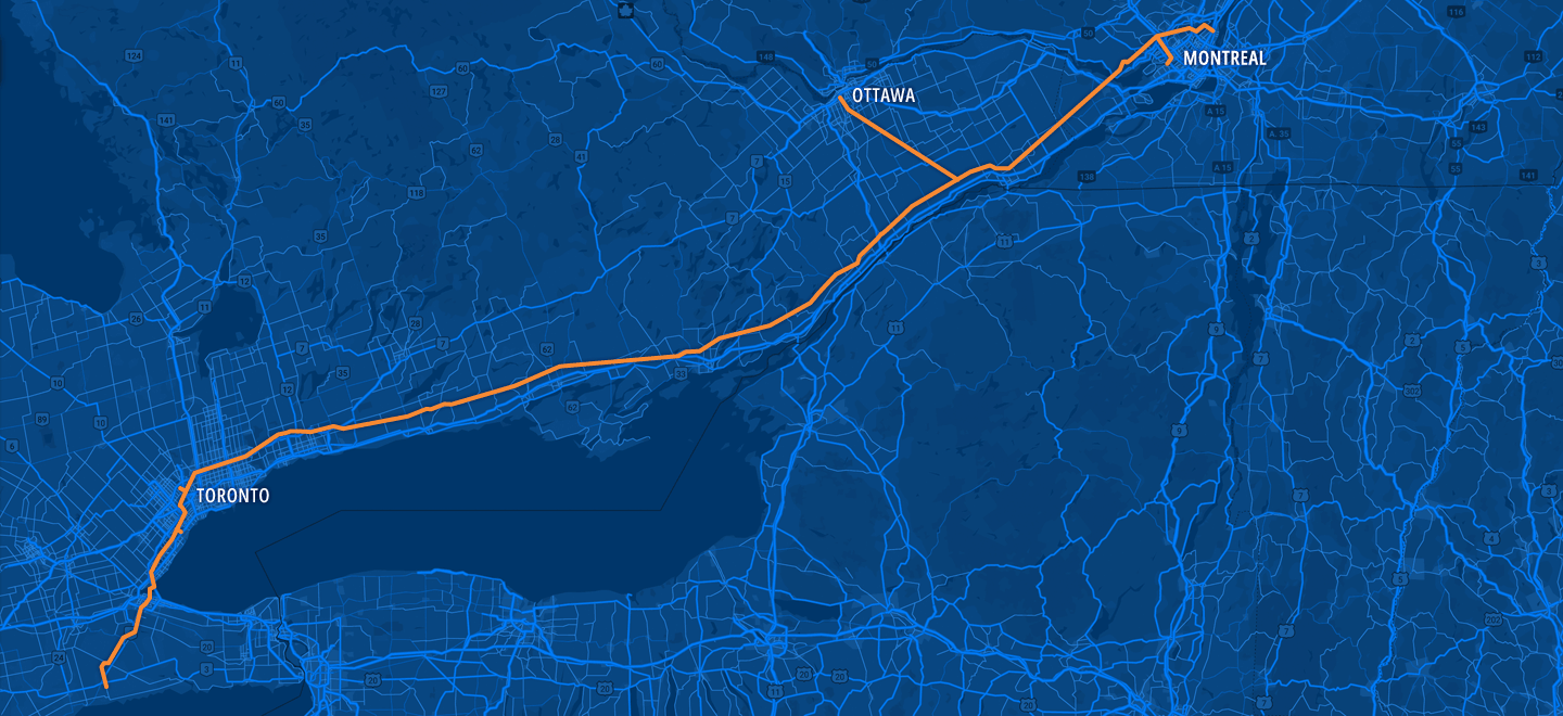 A map showing the pipeline route from Nanticoke, Ontario, towards and through Toronto, to Montreal-Est with lateral pipelines to Ottawa as well as Pearson International Airport and Pierre-Elliott-Trudeau international airport in Dorval.