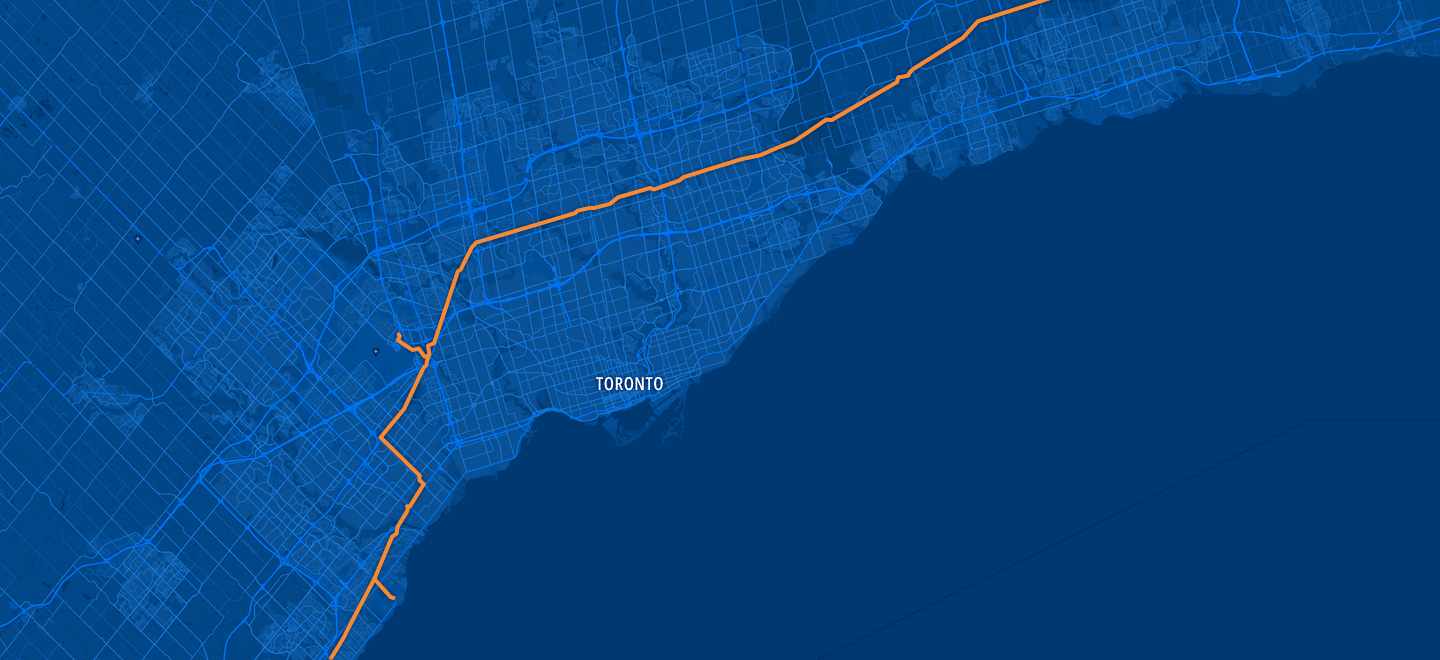 A map of the Greater Toronto area showing the pipeline’s route largely along the 401 then south towards Clarkson and onward nearer Lake Ontario, with a lateral pipeline to Toronto Pearson International Airport.