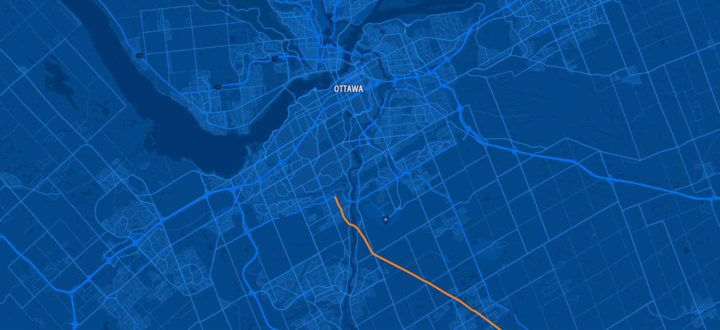 A map of the Ottawa area showing the pipeline route headed in a northwesterly direction, crossing 19 just south of the airport and ending at route 22.