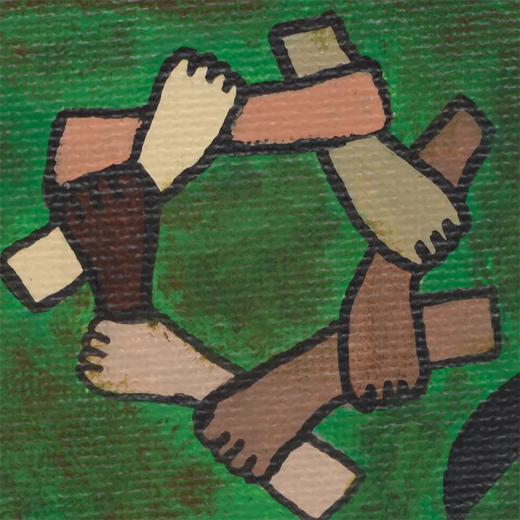 A ring of arms in different skin tones, each hand gripping the next arm.