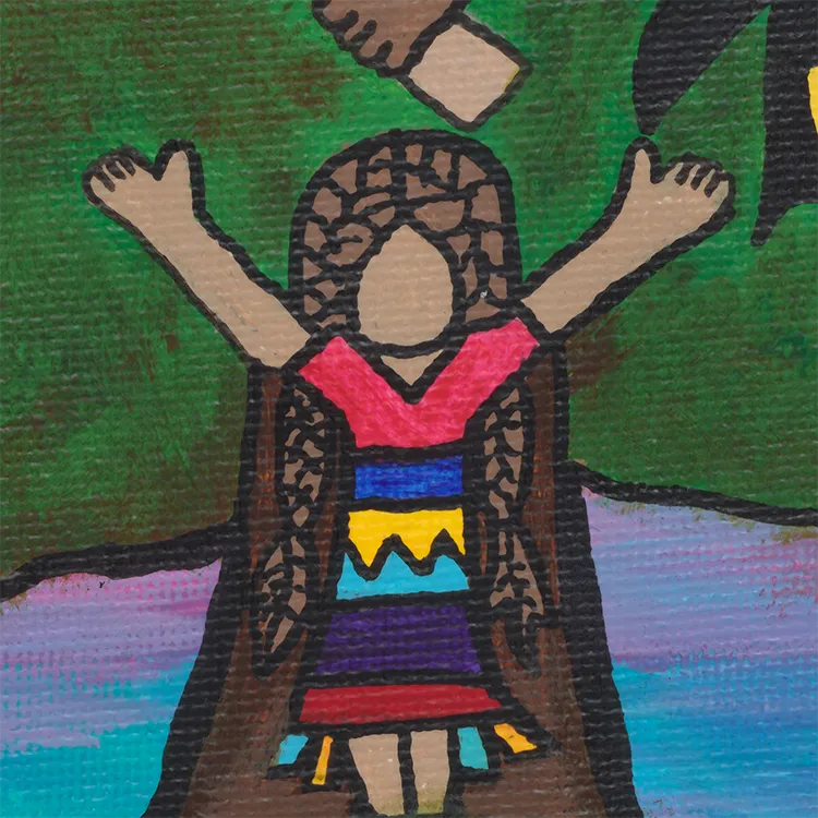 A girl with long braids and raised arms, her face left blank, wearing a bright pink top and colourful banded skirt, standing in a tree trunk.