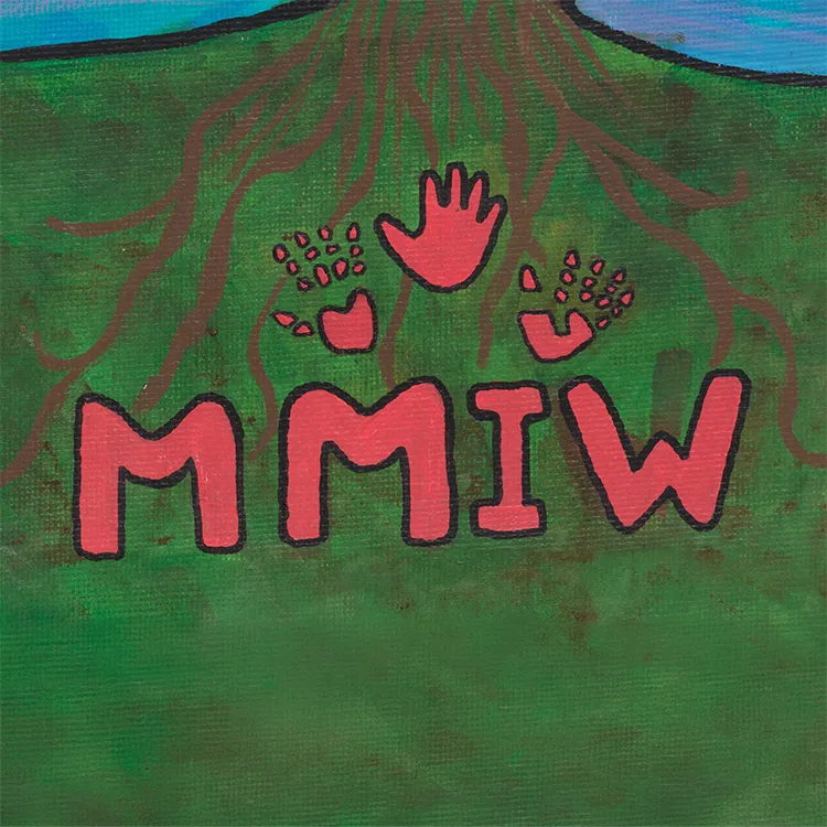 Roots reaching down toward red handprints, above red letters spelling MMIW, for Missing and Murdered Indigenous Women.