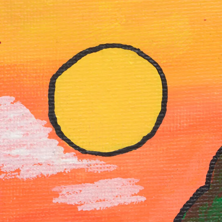 A yellow sun with a thick black outline in an orange sky, with streaks of cloud.